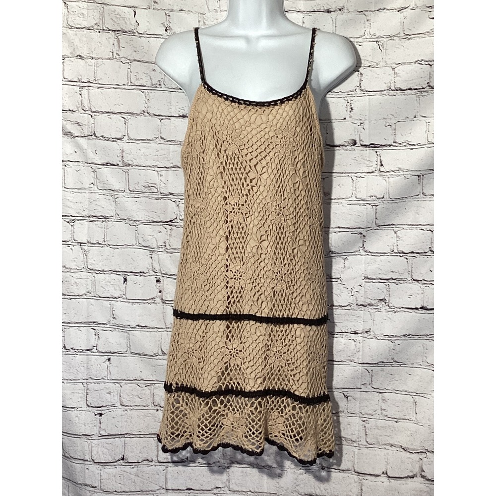 Glimmer Y2K Crochet Mini Dress Tan Brown Floral Open Knit Boho Sleeveless Large